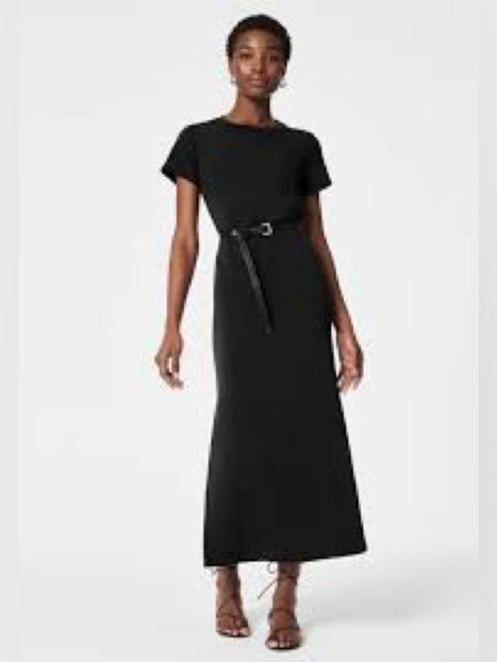 SHEIN Black Short-Sleeve Maxi Dress with Gathered Waist